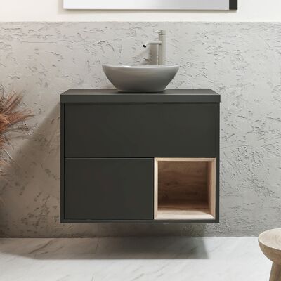 Hudson Reed Mobile Bagno Sospeso con Ripiano Aperto da 800mm in Grigio Nero con Lavabo d'Appoggio Ovale Grigio (Pebble) - Hoxton Hudson Reed Mobile Bagno Sospeso con Ripiano Aperto da 800mm in Grigio Nero con Lavabo d'Appoggio Ovale Grigio (Pebble) - Hoxton