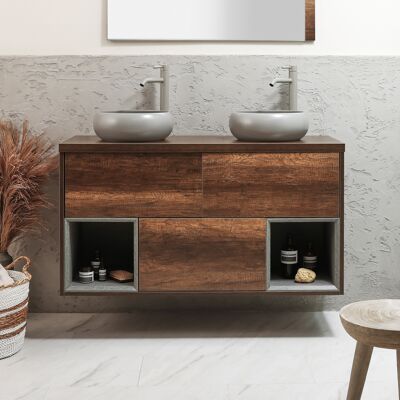 Hudson Reed Mobile Bagno Sospeso con Ripiano Aperto da 1200mm in Rovere Scuro con Lavabi d'Appoggio Rotondi Grigio (Pebble) - Hoxton Hudson Reed Mobile Bagno Sospeso con Ripiano Aperto da 1200mm in Rovere Scuro con Lavabi d'Appoggio Rotondi Grigio (Pebble) - Hoxton