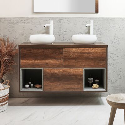 Hudson Reed Mobile Bagno Sospeso con Ripiano Aperto da 1200mm in Rovere Scuro con Lavabi d'Appoggio Rotondi Bianco (Chalk) - Hoxton Hudson Reed Mobile Bagno Sospeso con Ripiano Aperto da 1200mm in Rovere Scuro con Lavabi d'Appoggio Rotondi Bianco (Chalk) - Hoxton