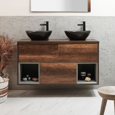 Hudson Reed Mobile Bagno Sospeso con Ripiano Aperto da 1200mm in Rovere Scuro con Lavabi d'Appoggio Ovali Grafite - Hoxton Hudson Reed Mobile Bagno Sospeso con Ripiano Aperto da 1200mm in Rovere Scuro con Lavabi d'Appoggio Ovali Grafite - Hoxton