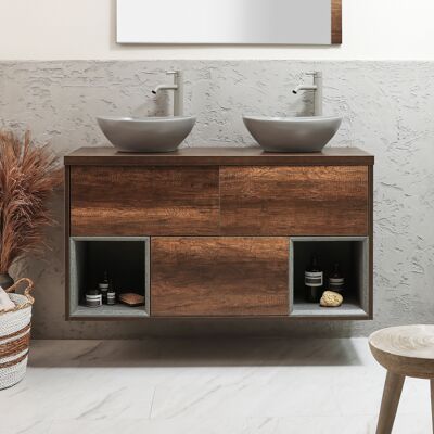 Hudson Reed Mobile Bagno Sospeso con Ripiano Aperto da 1200mm in Rovere Scuro con Lavabi d'Appoggio Ovali Grigio (Pebble) - Hoxton Hudson Reed Mobile Bagno Sospeso con Ripiano Aperto da 1200mm in Rovere Scuro con Lavabi d'Appoggio Ovali Grigio (Pebble) - Hoxton