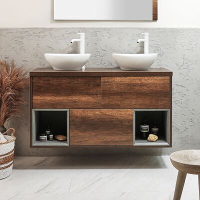 Hudson Reed Mobile Bagno Sospeso con Ripiano Aperto da 1200mm in Rovere Scuro con Lavabi d'Appoggio Ovali Bianco (Chalk) - Hoxton Hudson Reed Mobile Bagno Sospeso con Ripiano Aperto da 1200mm in Rovere Scuro con Lavabi d'Appoggio Ovali Bianco (Chalk) - Hoxton