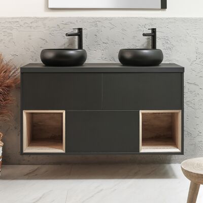 Hudson Reed Mobile Bagno Sospeso con Ripiano Aperto da 1200mm in Grigio Nero con Lavabi d'Appoggio Rotondi Grafite - Hoxton Hudson Reed Mobile Bagno Sospeso con Ripiano Aperto da 1200mm in Grigio Nero con Lavabi d'Appoggio Rotondi Grafite - Hoxton