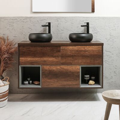 Hudson Reed Mobile Bagno Sospeso con Ripiano Aperto da 1200mm in Rovere Scuro con Lavabi d'Appoggio Rotondi Grafite - Hoxton Hudson Reed Mobile Bagno Sospeso con Ripiano Aperto da 1200mm in Rovere Scuro con Lavabi d'Appoggio Rotondi Grafite - Hoxton
