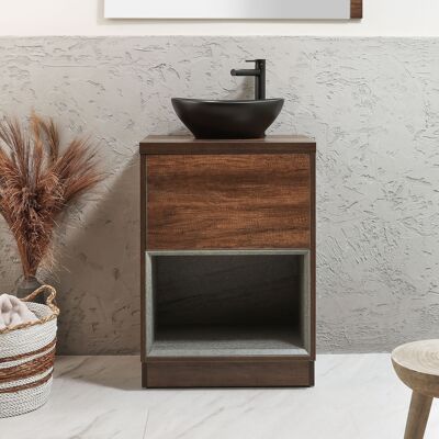 Hudson Reed Mobile Bagno con Ripiano Aperto da 600mm in Rovere Scuro con Lavabo d'Appoggio Ovale Grafite - Hoxton Hudson Reed Mobile Bagno con Ripiano Aperto da 600mm in Rovere Scuro con Lavabo d'Appoggio Ovale Grafite - Hoxton