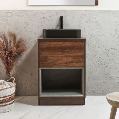 Hudson Reed Mobile Bagno con Ripiano Aperto da 600mm in Rovere Scuro con Lavabo d'Appoggio Rettangolare Grafite - Hoxton Hudson Reed Mobile Bagno con Ripiano Aperto da 600mm in Rovere Scuro con Lavabo d'Appoggio Rettangolare Grafite - Hoxton
