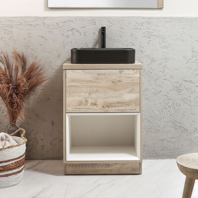 Hudson Reed Mobile Bagno con Ripiano Aperto da 600mm in Rovere Chiaro con Lavabo d'Appoggio Rettangolare Grafite - Hoxton Hudson Reed Mobile Bagno con Ripiano Aperto da 600mm in Rovere Chiaro con Lavabo d'Appoggio Rettangolare Grafite - Hoxton