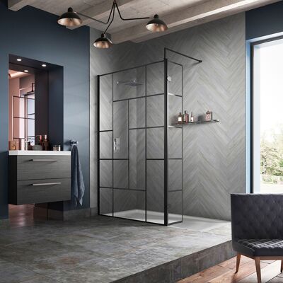HudsonReed Box Doccia Walk In con Parete a Griglia Nera Astratta e Piatto Doccia - 1100mm x 700mm - Senza Anta Paraspruzzi HudsonReed Box Doccia Walk In con Parete a Griglia Nera Astratta e Piatto Doccia - 1100mm x 700mm - Senza Anta Paraspruzzi
