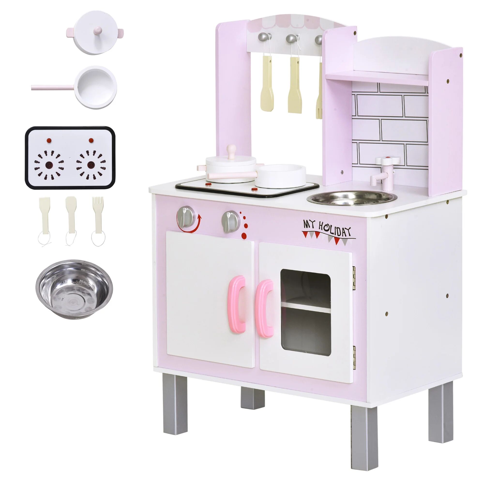 HMC Cucina Giocattolo per Bambini 55x30x80 cm in Pino e MDF con Accessori Rosa