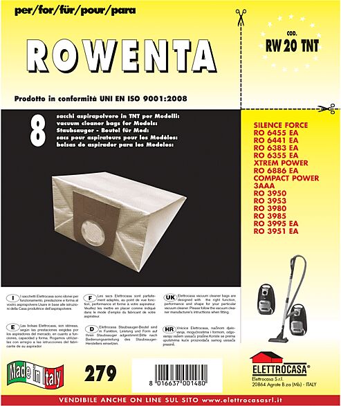 elettrocasa confezione 8 sacchi aspirapolvere  rw 20 tnt