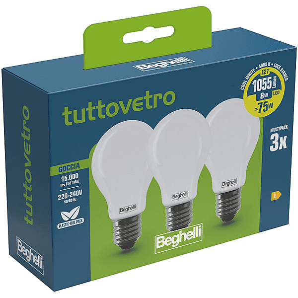 beghelli lampadina led  3pz tvled goc 8we27-4k