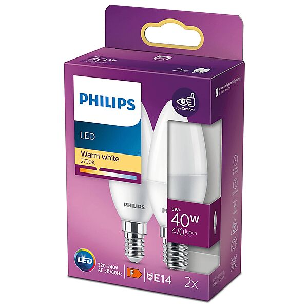 philips lampadina led  2x cand 40w e14 2700k