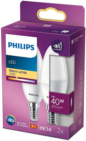 philips lampadina led  2x cand 40w e14 2700k