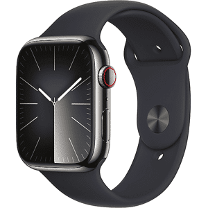 Apple Watch Series 9 GPS + Cellular, Cassa 45 mm in acciaio inossidabile color grafite con Cinturino Sport mezzanotte - S/M