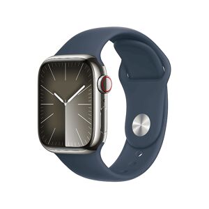 Apple Watch Series 9 GPS + Cellular, Cassa 45 mm in acciaio inossidabile color argento con Cinturino Sport blu tempesta - M/L