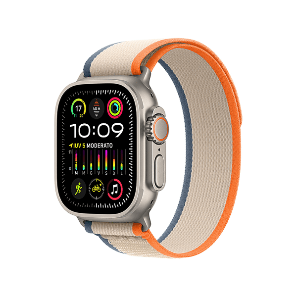 apple watch ultra 2 gps + cellular, cassa 49 mm in titanio con trail loop arancione/beige - s/m