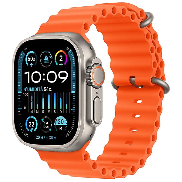 apple watch ultra 2 gps + cellular, cassa 49 mm in titanio con cinturino ocean arancione