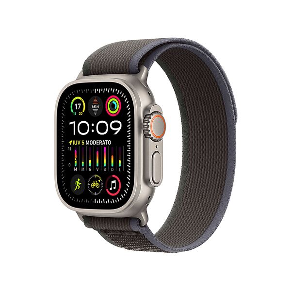 apple watch ultra 2 gps + cellular, cassa 49 mm in titanio con trail loop blu/nero - m/l