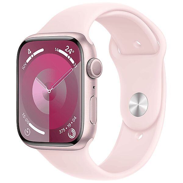 apple watch series 9 gps, cassa 45 mm in alluminio rosa con cinturino sport confetto - s/m