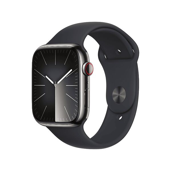 apple watch series 9 gps + cellular, cassa 45 mm in acciaio inossidabile color grafite con cinturino sport mezzanotte - m/l