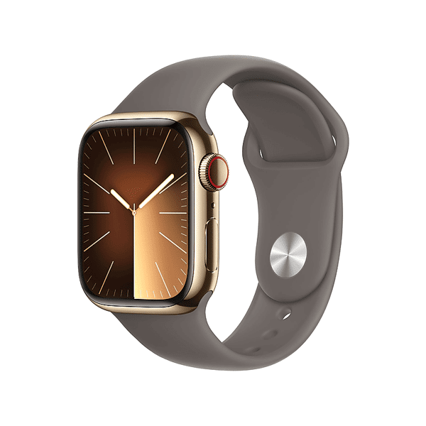 apple watch series 9 gps + cellular, cassa 41 mm in acciaio inossidabile color oro con cinturino sport grigio creta - m/l