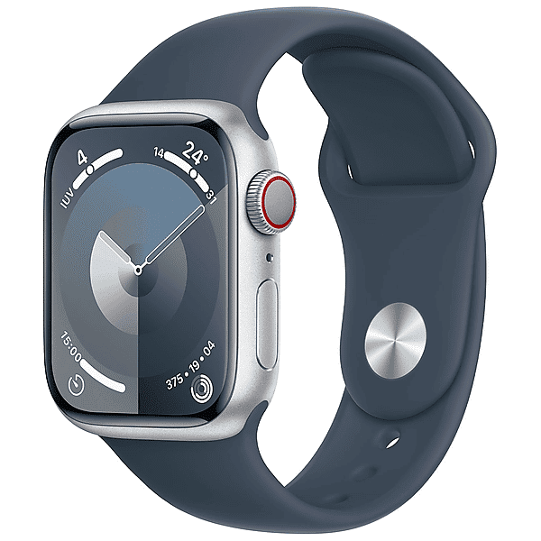 apple watch series 9 gps + cellular, cassa 41 mm in alluminio argento con cinturino sport blu tempesta - m/l