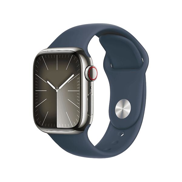apple watch series 9 gps + cellular, cassa 41 mm in acciaio inossidabile color argento con cinturino sport blu tempesta - s/m