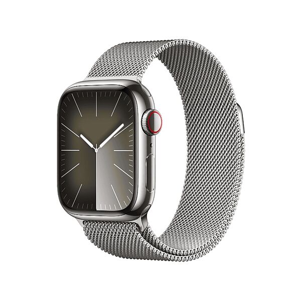 apple watch series 9 gps + cellular, cassa 45 mm in acciaio inossidabile color argento con loop maglia milanese