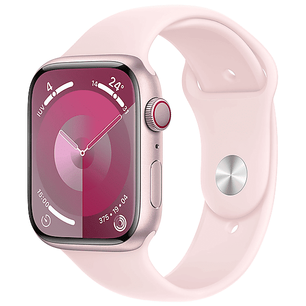 apple watch series 9 gps + cellular, cassa 45 mm in alluminio rosa con cinturino sport confetto - s/m