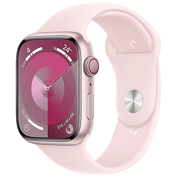 apple watch series 9 gps + cellular, cassa 45 mm in alluminio rosa con cinturino sport confetto - m/l