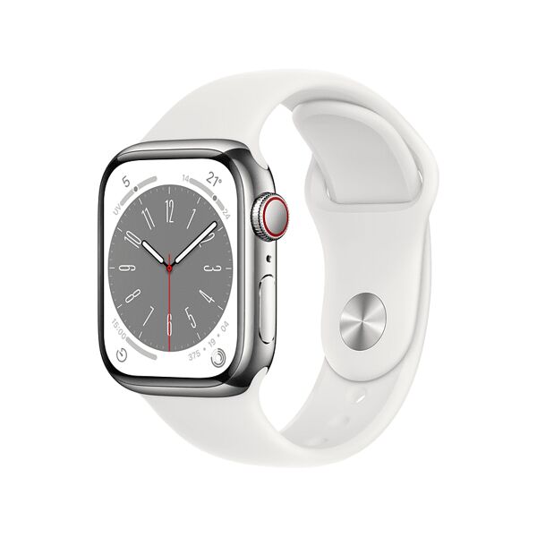 apple watch series 8 gps + cellular 45mm cassa in acciaio inossidabile color argento con cinturino sport bianco - regular