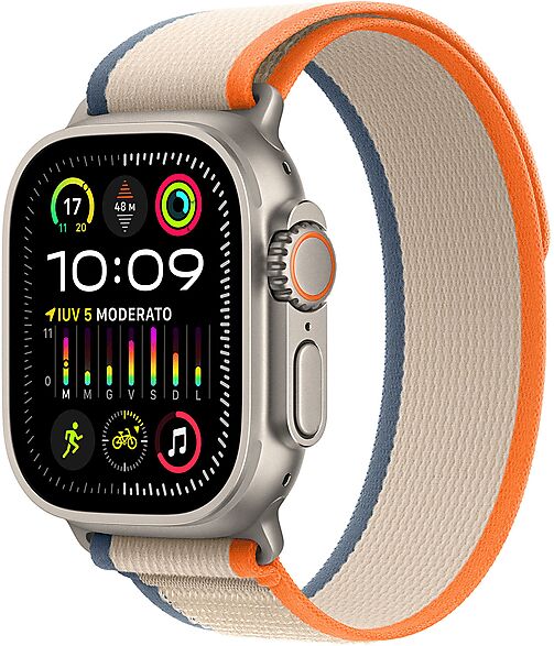 apple watch ultra 2 gps + cellular, cassa 49 mm in titanio con trail loop arancione/beige - m/l