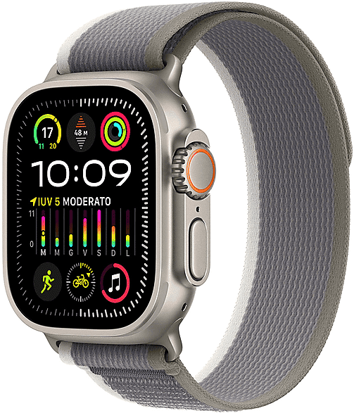 apple watch ultra 2 gps + cellular, cassa 49 mm in titanio con trail loop verde/grigio - m/l