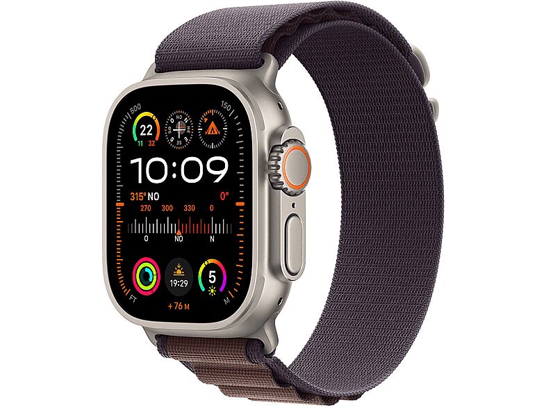 apple watch ultra 2 gps + cellular, cassa 49 mm in titanio con alpine loop indaco - small