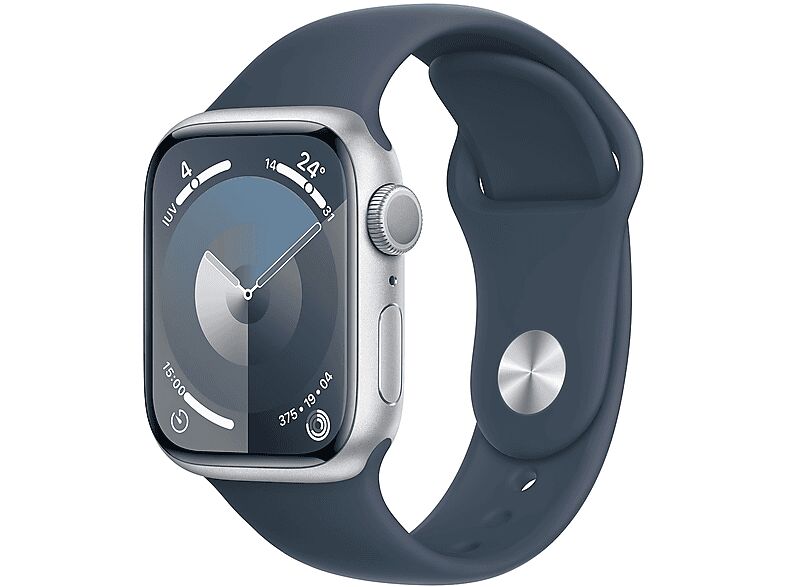 apple watch series 9 gps, cassa 41 mm in alluminio argento con cinturino sport blu inverno - m/l