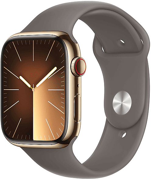 apple watch series 9 gps + cellular, cassa 45 mm in acciaio inossidabile color oro con cinturino sport grigio creta - m/l