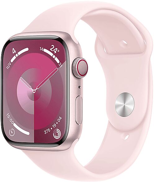 apple watch series 9 gps + cellular, cassa 45 mm in alluminio rosa con cinturino sport confetto - m/l