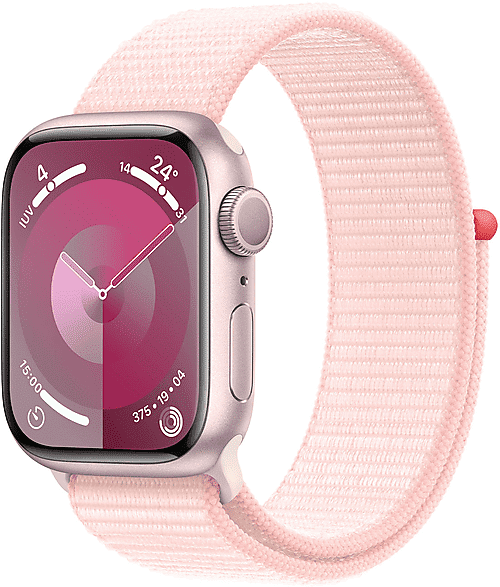 apple watch series 9 gps + cellular, cassa 41 mm in alluminio rosa con sport loop confetto