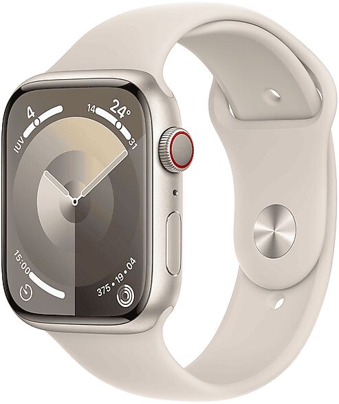 apple watch series 9 gps + cellular, cassa 45 mm in alluminio galassia con cinturino sport - s/m