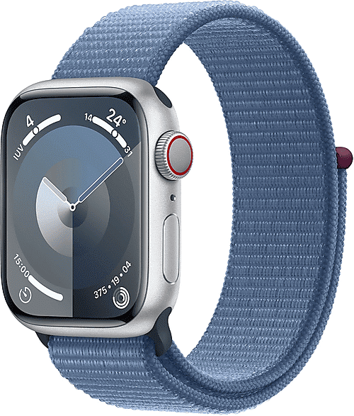 apple watch series 9 gps + cellular, cassa 45 mm in alluminio argento con sport loop blu inverno