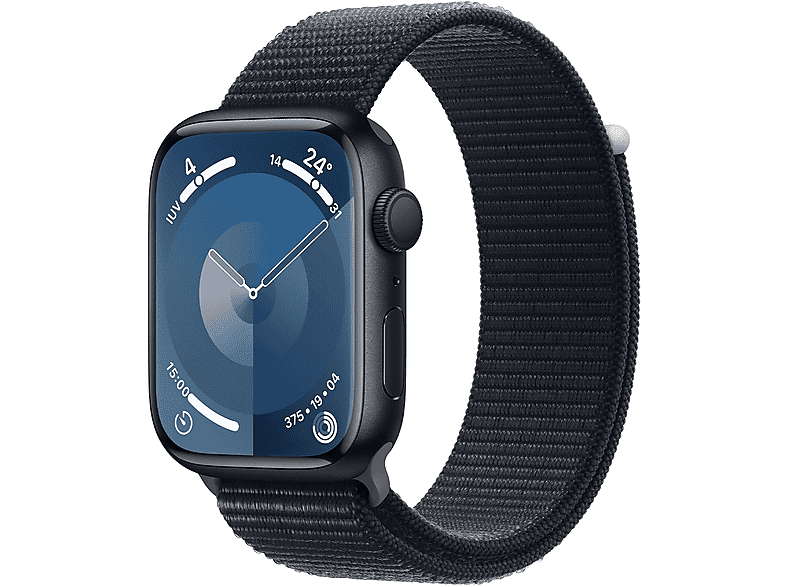 apple watch series 9 gps, cassa 45 mm in alluminio mezzanotte con sport loop
