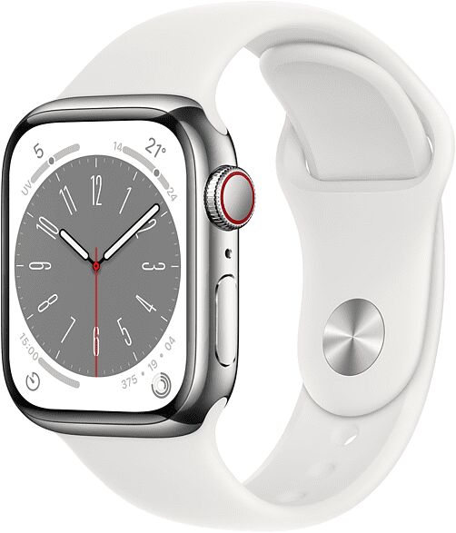 apple watch series 8 gps + cellular 45mm cassa in acciaio inossidabile color argento con cinturino sport bianco - regular