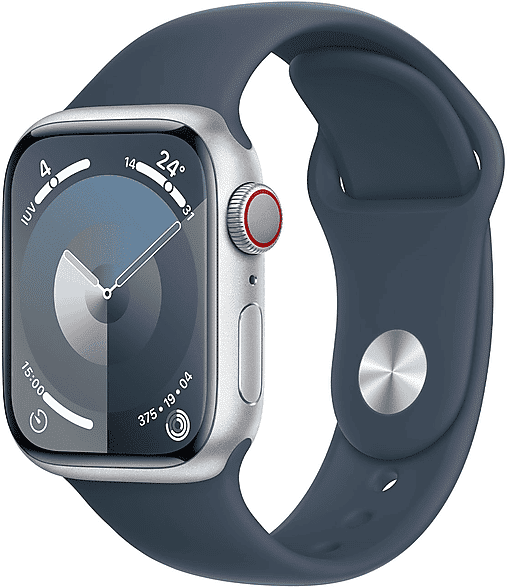 Apple Watch Series 9 GPS + Cellular, Cassa 41 mm in alluminio argento con Cinturino Sport blu tempesta - M/L