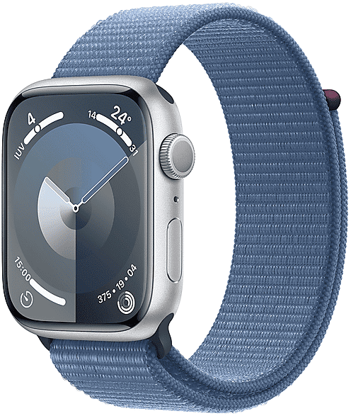 Apple Watch Series 9 GPS, Cassa 45 mm in alluminio argento con Sport Loop blu inverno