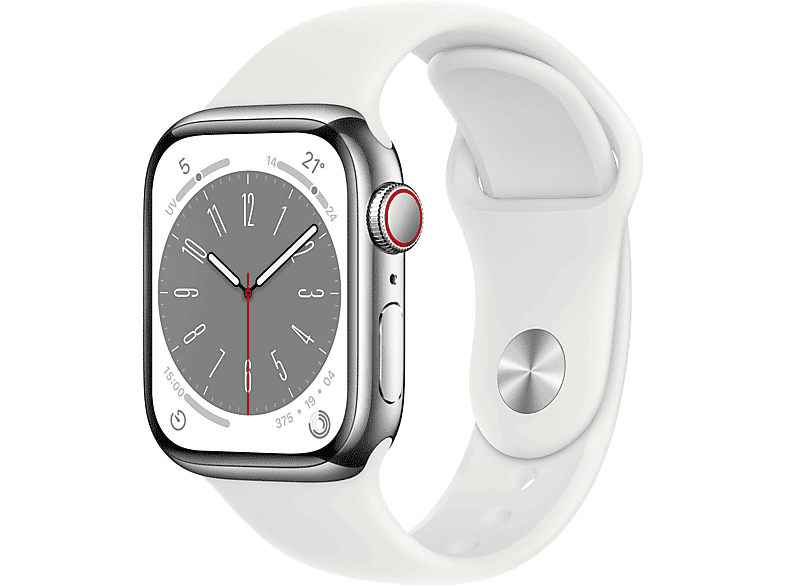 Apple Watch Series 8 GPS + Cellular 41mm Cassa in acciaio inossidabile color argento con Cinturino Sport bianco - regular