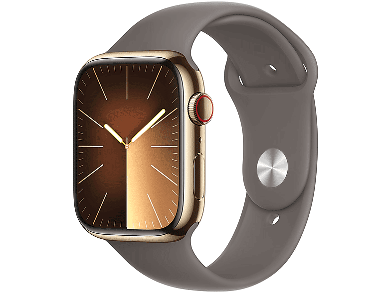 Apple Watch Series 9 GPS + Cellular, Cassa 45 mm in acciaio inossidabile color oro con Cinturino Sport grigio creta - M/L