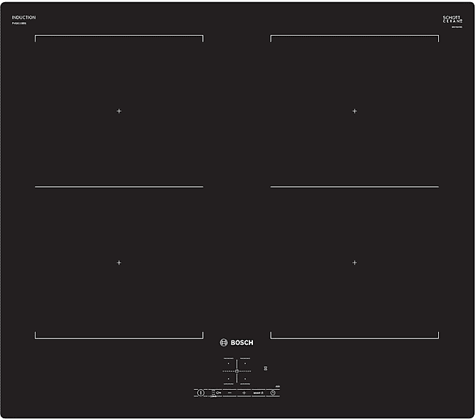 bosch piano cottura a induzione  pvq611bb6e, 4 zone cottura, 59,2 cm x 52,2