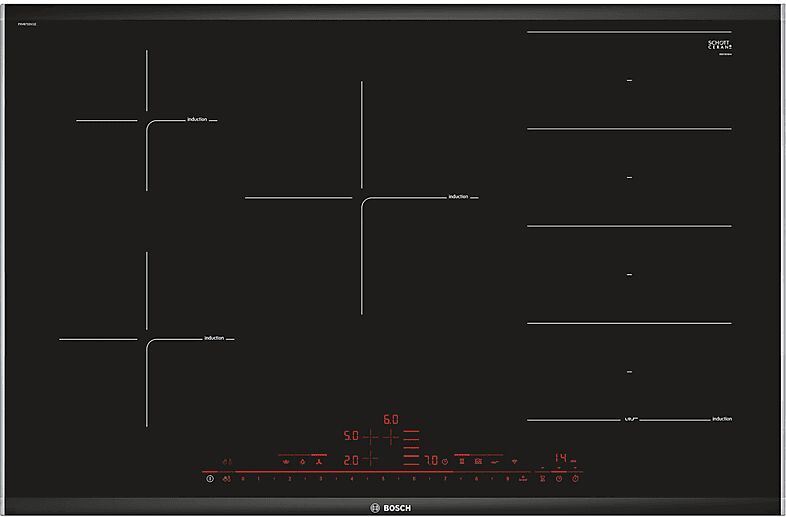 bosch piano cottura a induzione  pxv875dv1e, 5 zone cottura, 81,6 cm x 52,7