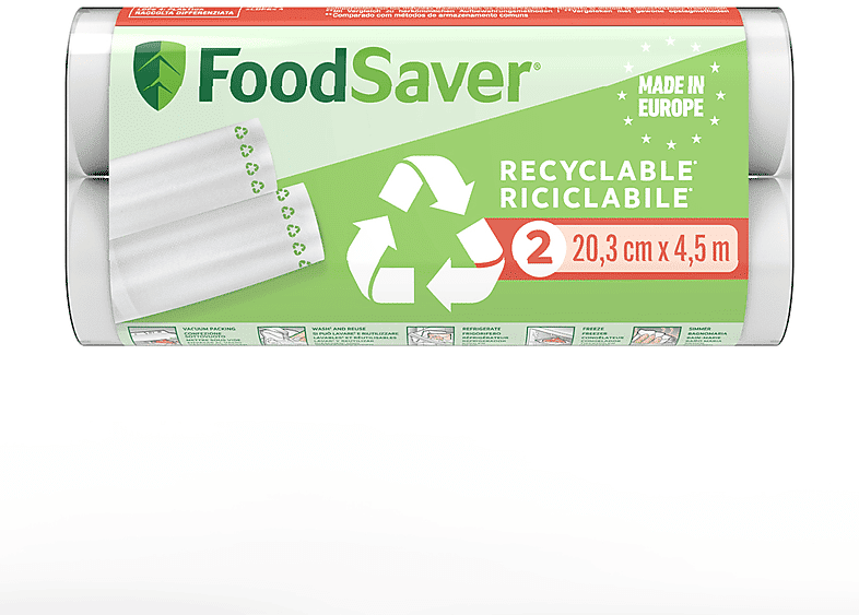 foodsaver 2 rotoli da 20 cm x 4,5 m per macchina sottovuoto con barra saldante  rotoli ricicl 20cmx4,5m