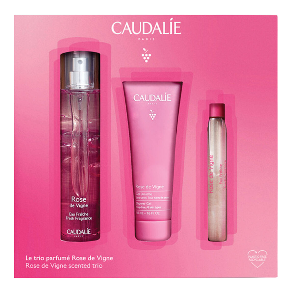 caudalie cofanetto rose de vigne 50 ml xmas 2022 profumo 50 ml + roll-on 10 ml + gel doccia 50 ml